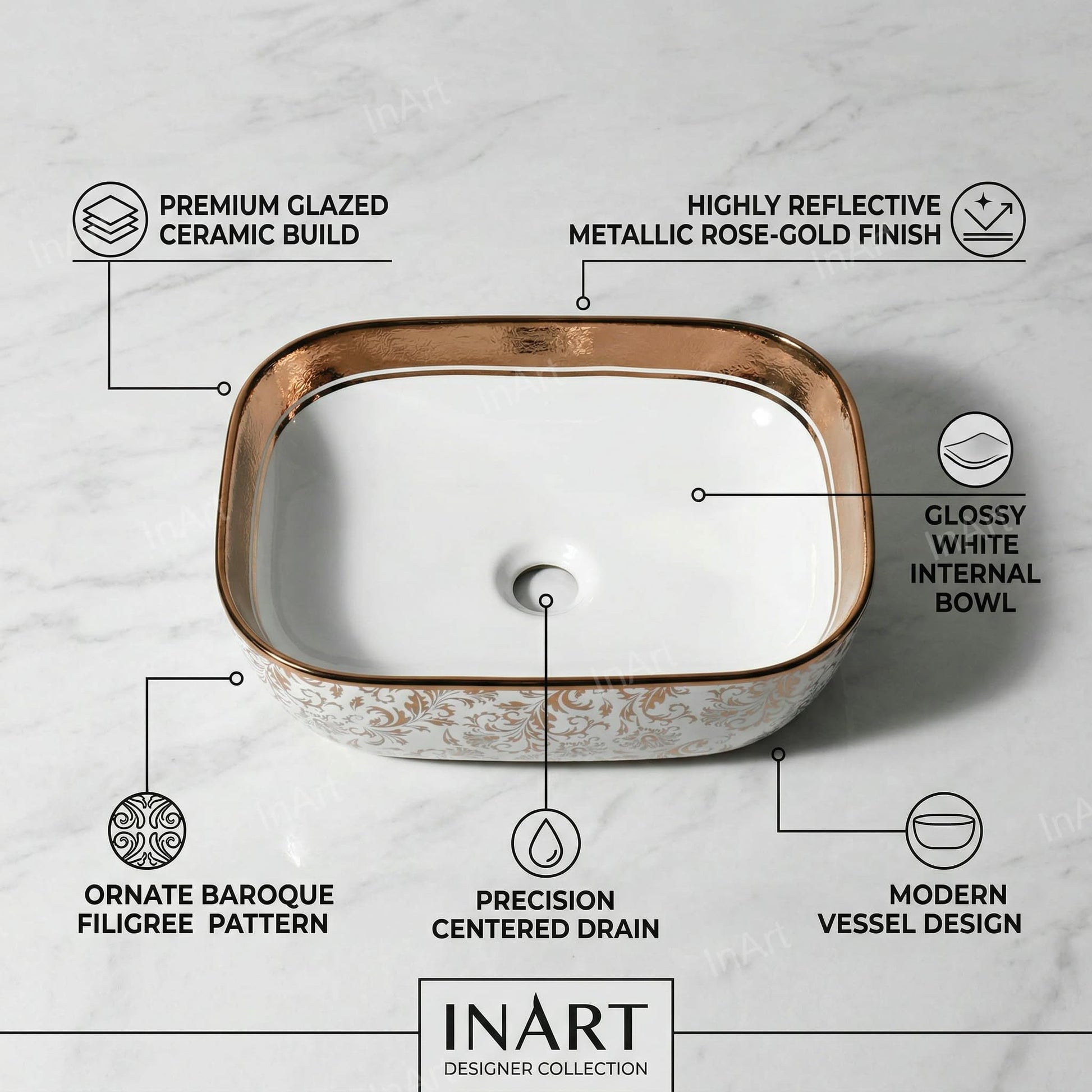 Over counter bathroom sink angled view of rose gold rectangular ceramic vessel sink for vanity top