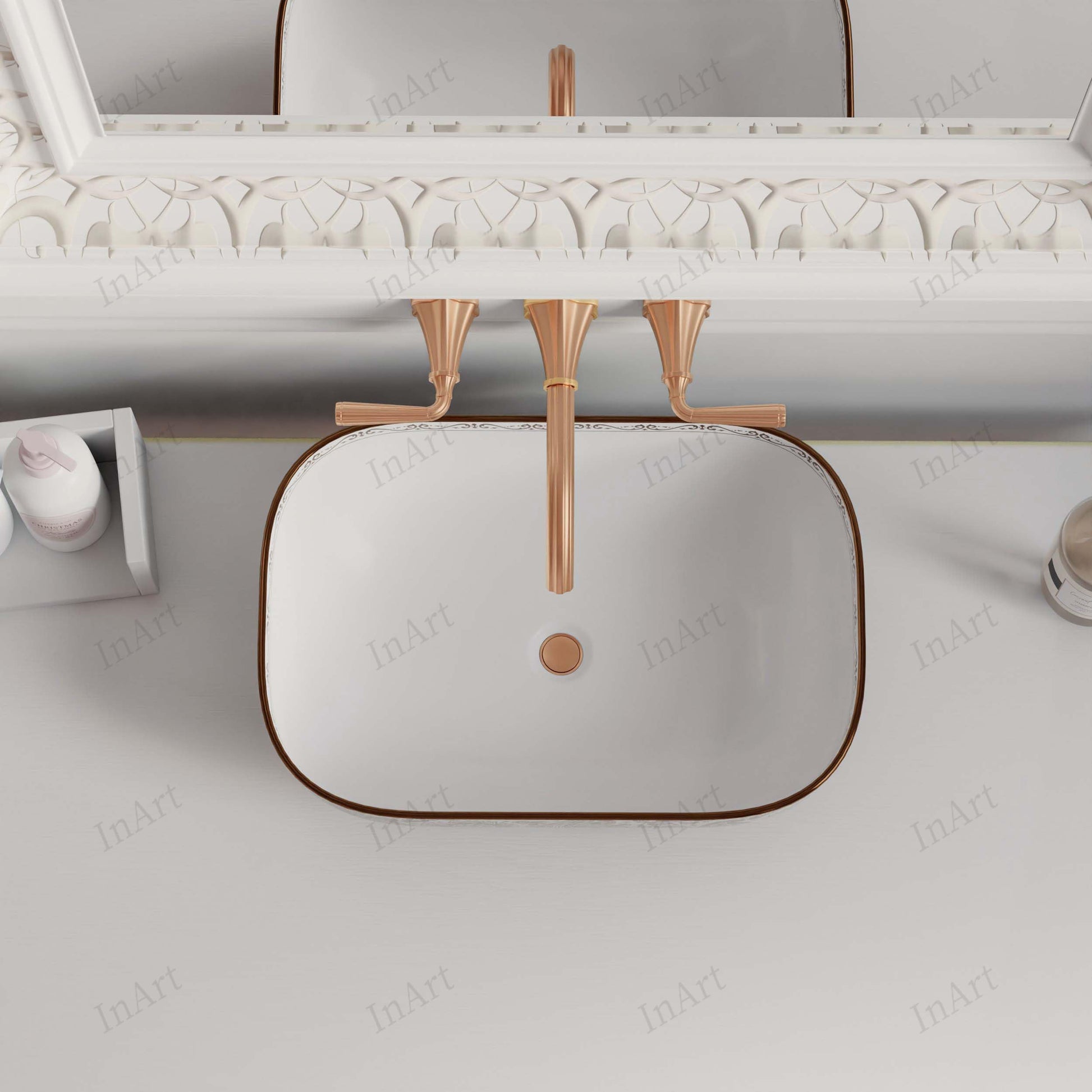 Vessel vanity with sink close-up, rectangular ceramic bath vessel sink in rose gold for countertop installation