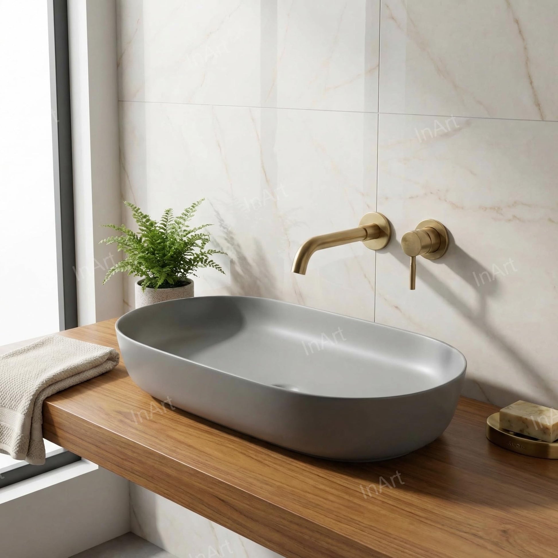 InArt bathroom countertop basin close-up, matte gray ceramic rectangular rim and smooth finish detail