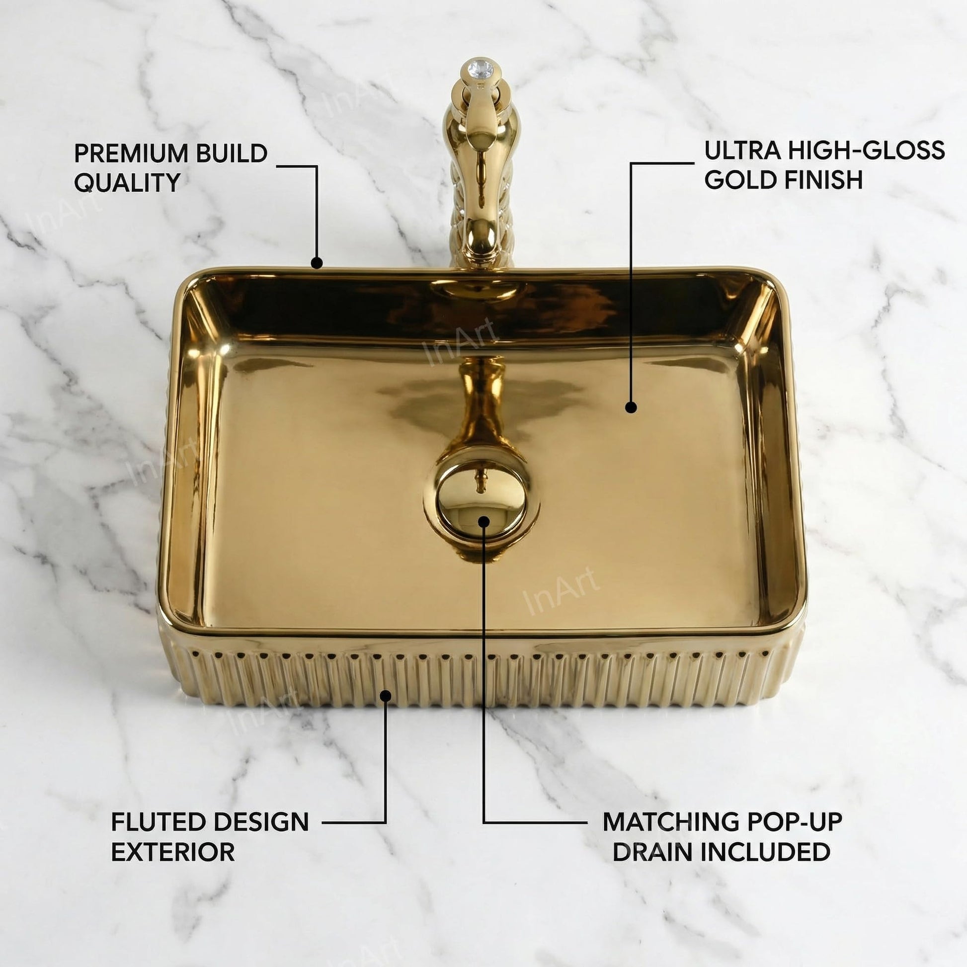 InArt Modern Gold Ceramic Vessel Sink – 19" x 13" Rectangular Countertop Bathroom Vanity Basin DW272, additional product view 4