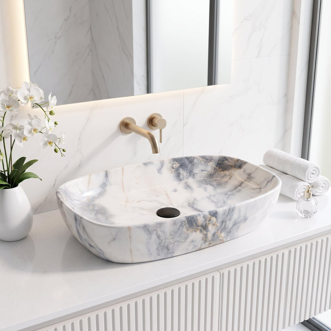 White, Blue and Gold Rectangular Ceramic vessel bathroom sink