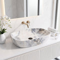 White, Blue and Gold Rectangular Ceramic vessel bathroom sink