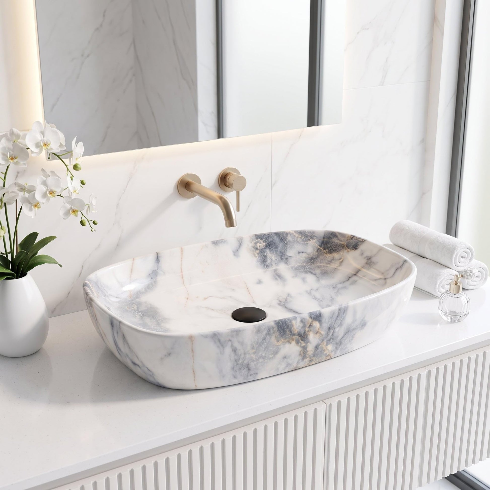 White, Blue and Gold Rectangular Ceramic vessel bathroom sink