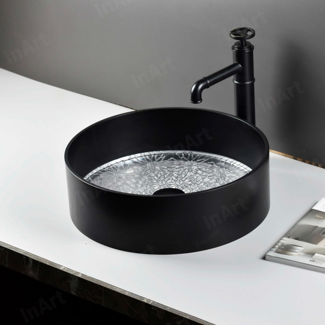 Above-counter bathroom vessel sink, matte black glass round bowl with textured clear base, 15.7-inch diameter