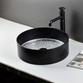 Round glass vessel sink for bathroom vanity, satin matte black exterior with crystal-textured interior bottom