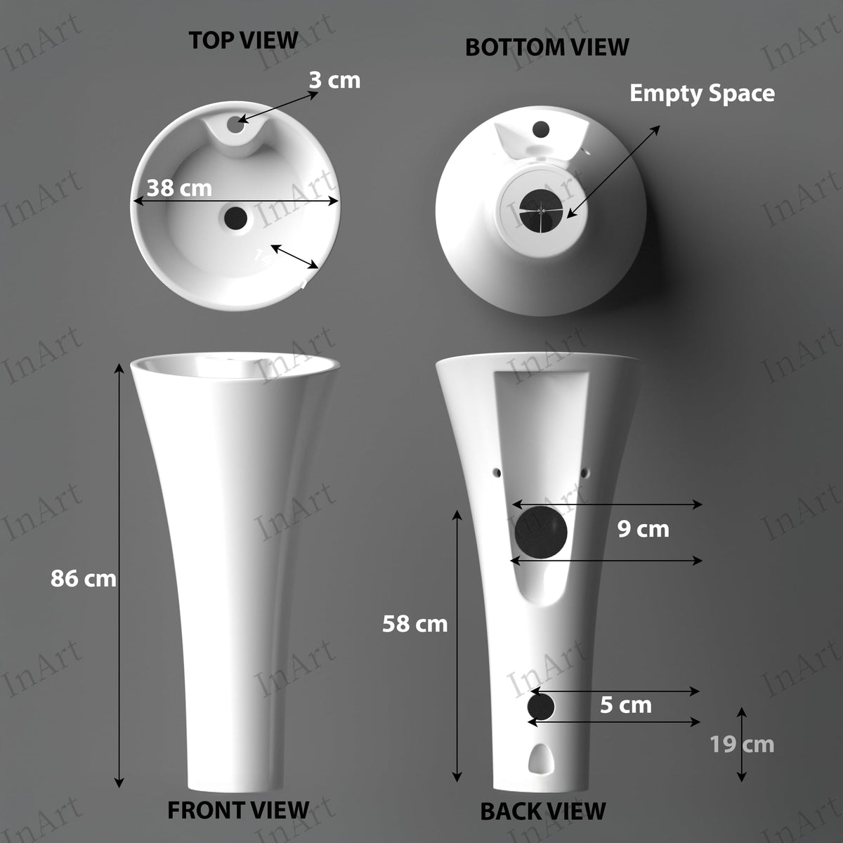 InArt Basin Pedestal Sink - Standing Bathroom Sink White 38x38 CM, additional product view 2