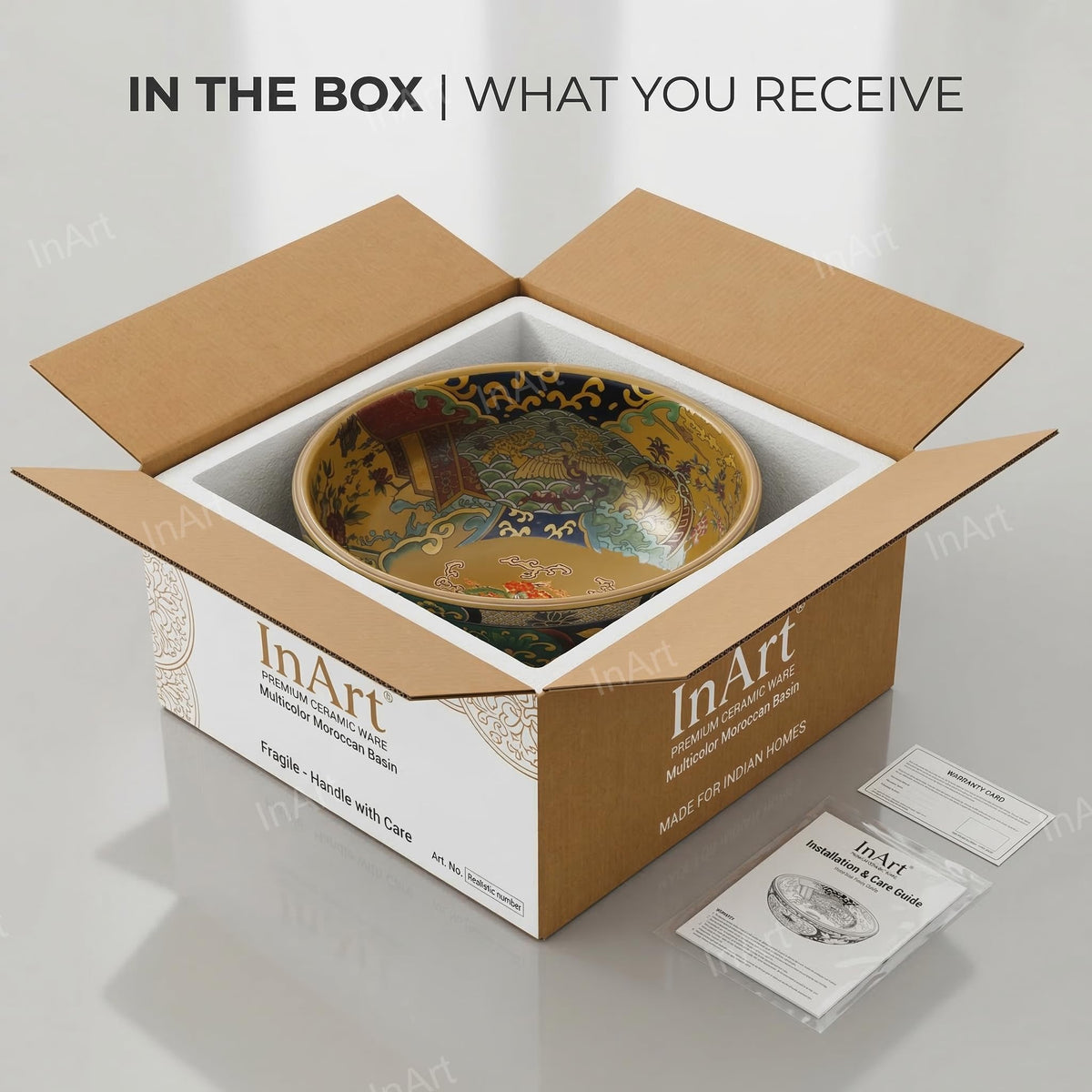 InArt Glossy Multicolor Ceramic Round Vessel Sink – Moroccan Pattern, 16.5", additional product view 8