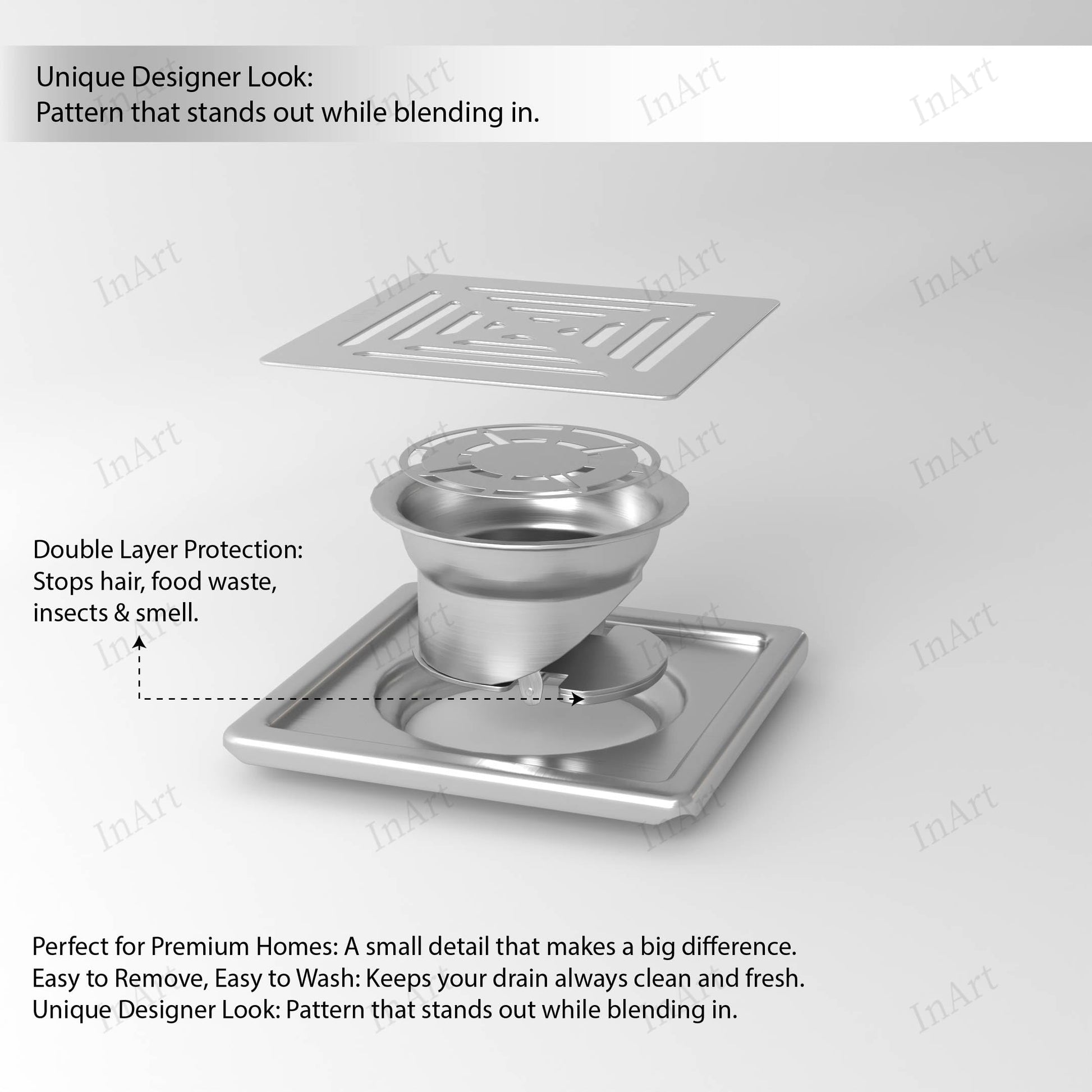 InArt 5 x 5 Inch Square Stainless Steel Shower Drain with Removable Grate, additional product view 6