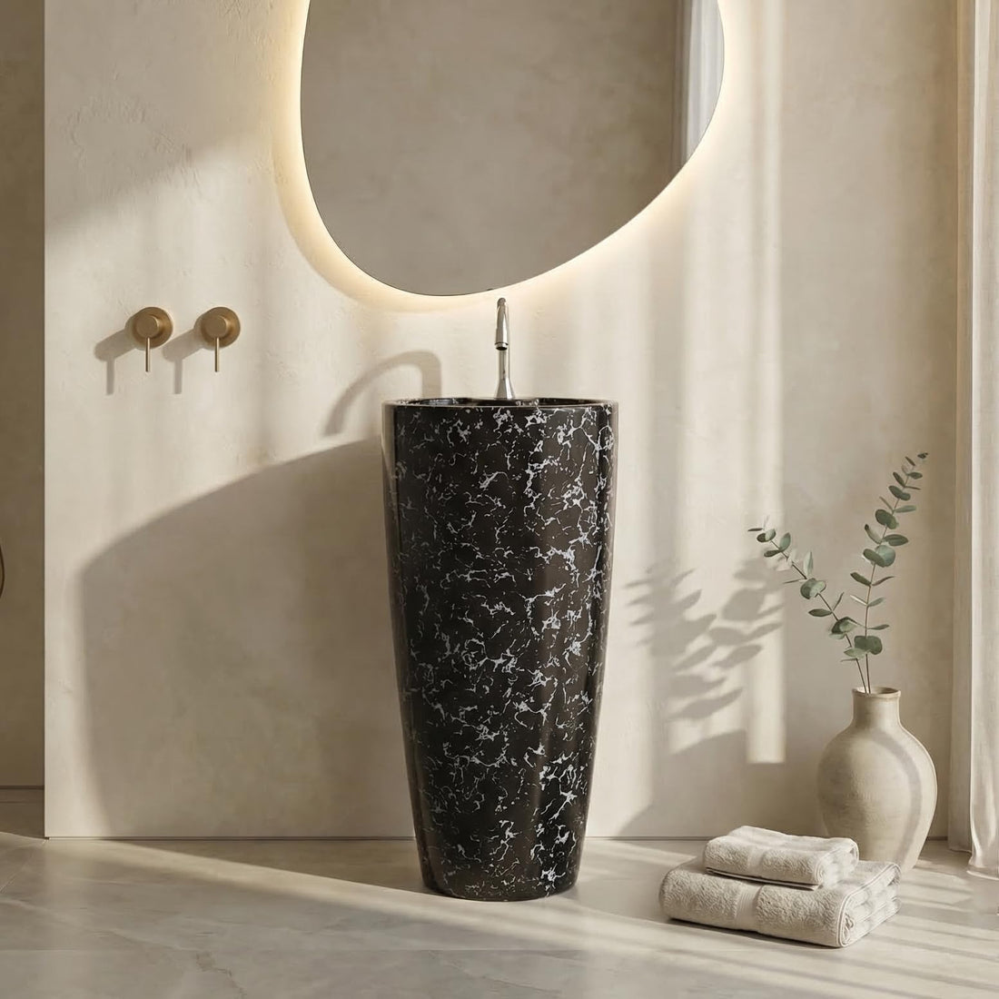 InArt Basin Pedestal Sink - Standing Bathroom Sink Black Marble 38x38 CM