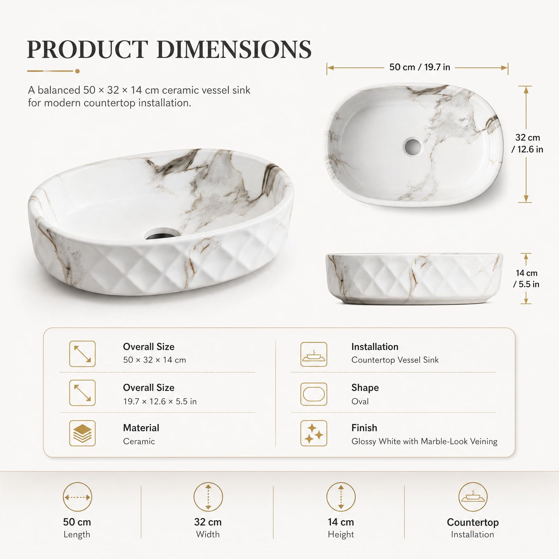 White, Gray and Taupe Oval Ceramic vessel bathroom sink, additional product view 7