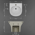 Wall-hung vitreous china bathroom sink showing single-hole faucet deck and overflow opening