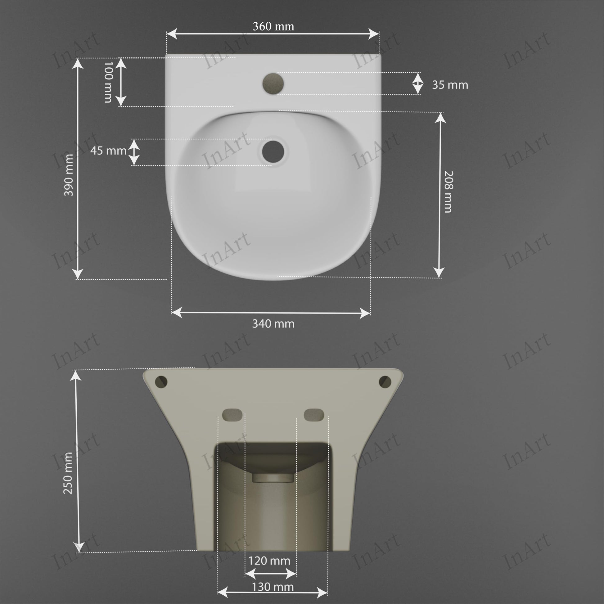 Wall-hung vitreous china bathroom sink showing single-hole faucet deck and overflow opening