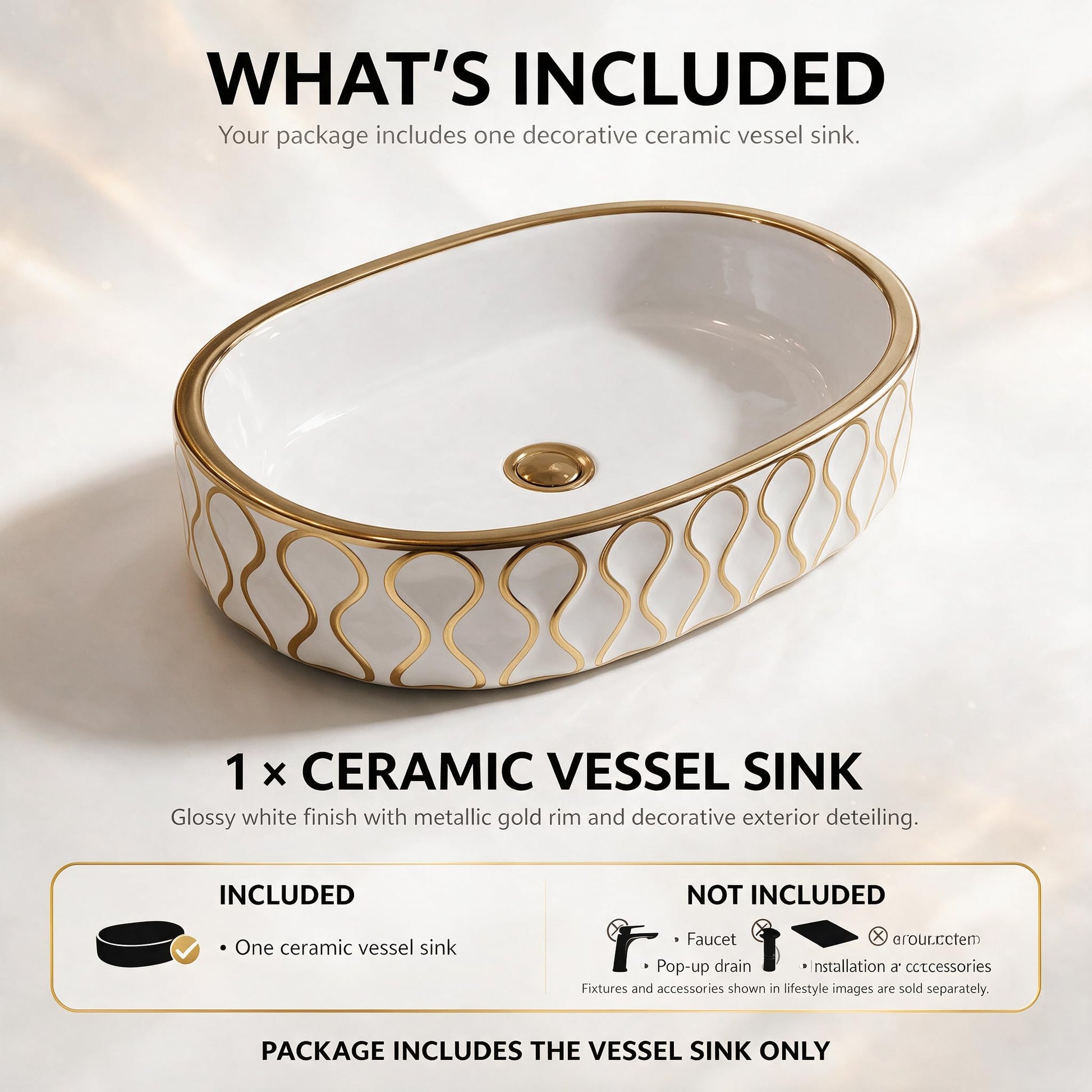 White and Gold Oval Ceramic vessel bathroom sink, additional product view 5