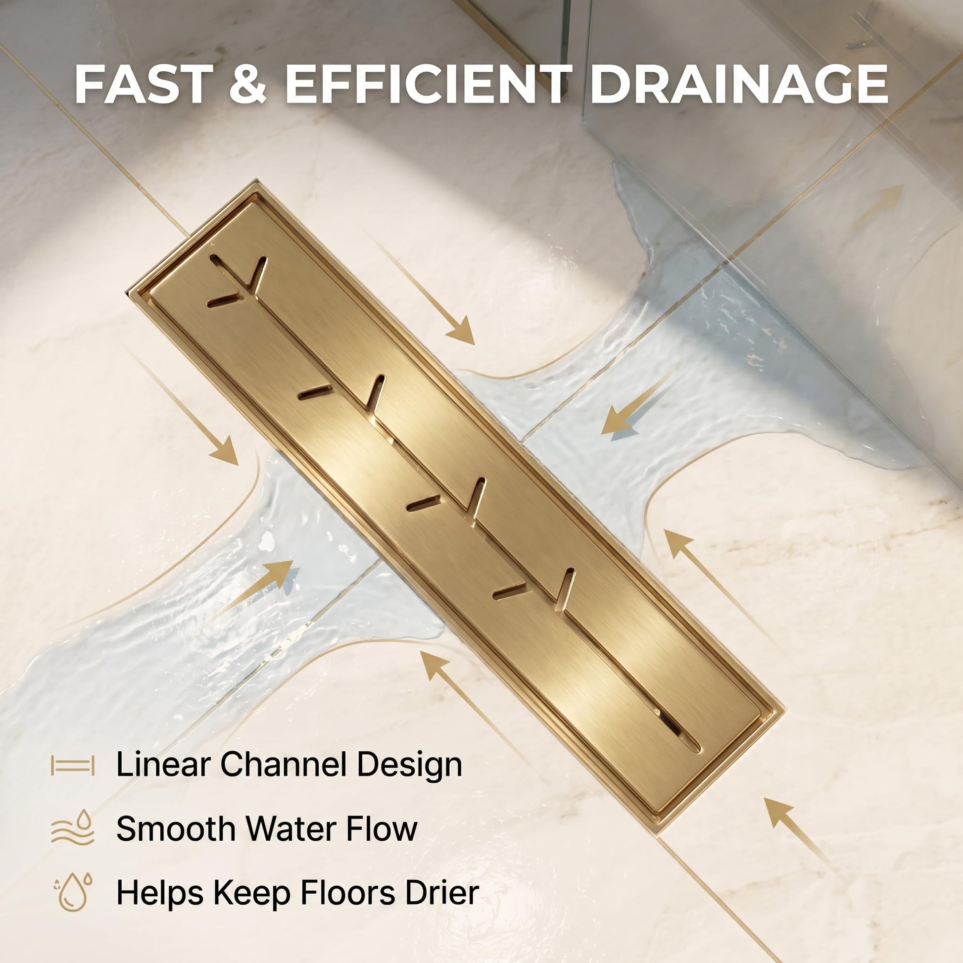 Brushed gold linear floor drain installed in a modern shower setting