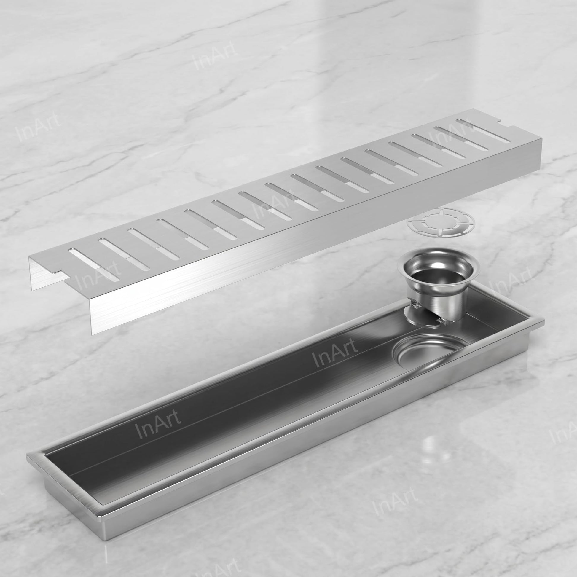 InArt Brushed Stainless 304 Shower Floor Drain – 12" Linear Shower Drain, Strainer, additional product view 2