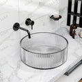 Glass bowl sink vanity styling, clear transparent round glass vessel basin in modern bathroom setting