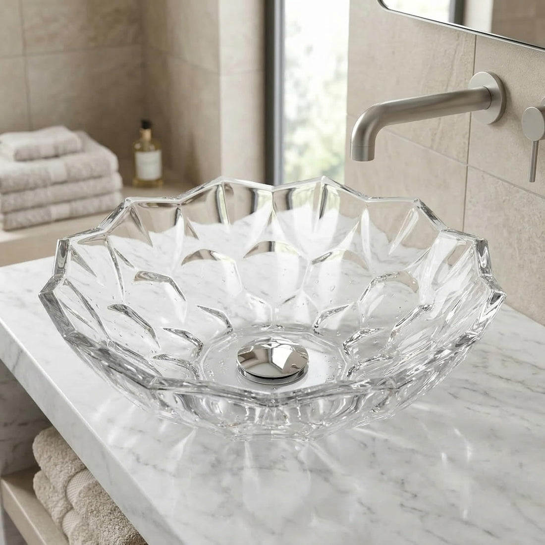 InArt Transparent Prism Crystal Glass Vessel Sink for Countertop Bathrooms, 18.1 Inch