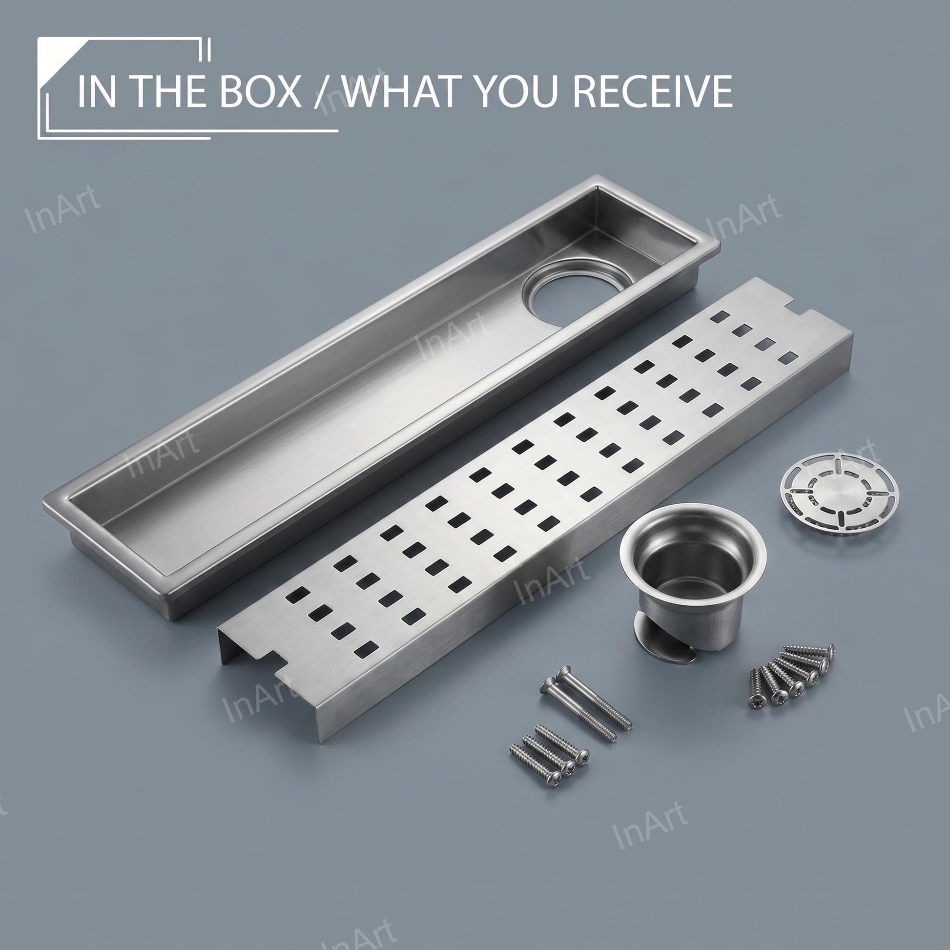 InArt Square Linear Stainless Steel Shower Drain Channel with Grate, 18 x 4 Inch, additional product view 8