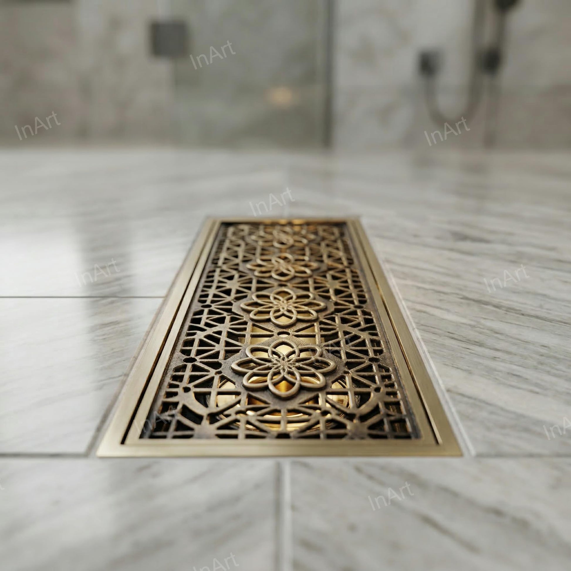 InArt 12 x 4 Inch Square Brass Shower Drain with Removable Strainer Grate, additional product view 5