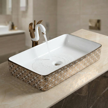 Bathroom ceramic basin InArt wash basin, glossy gold rectangular ceramic vessel sink