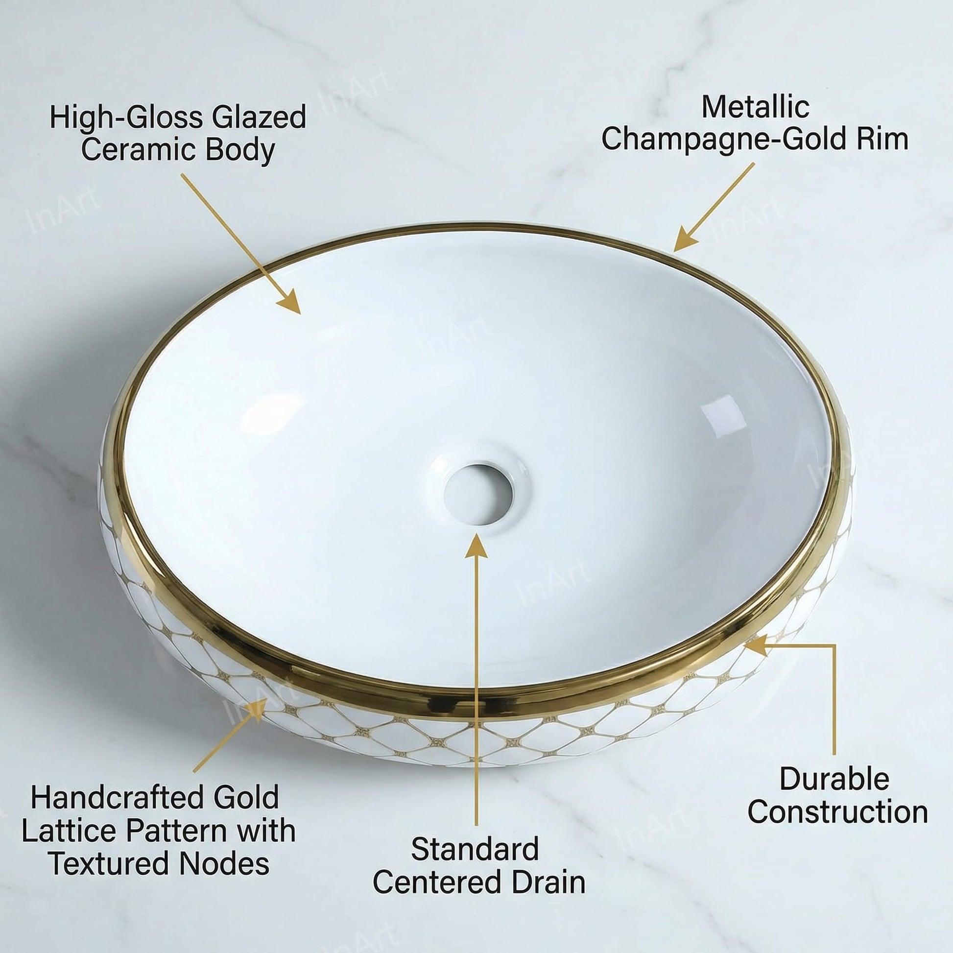 Bath vessel sink side angle view, oval ceramic above counter bathroom sink in white with gold rim