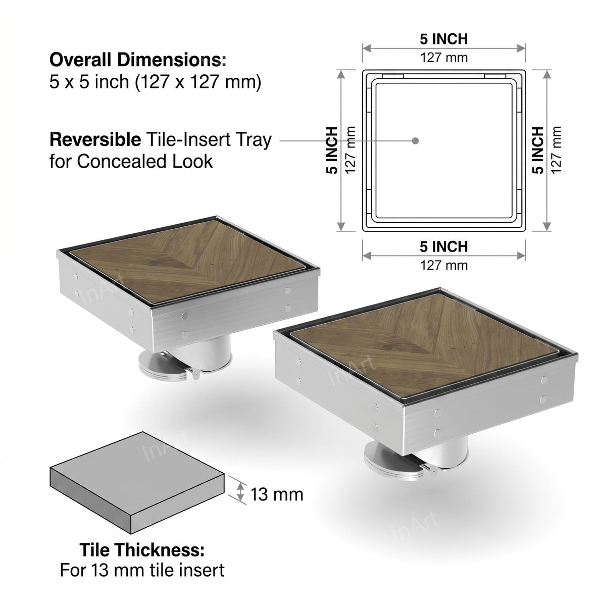 InArt Brushed 304 Stainless Shower Floor Drain – Square Shower Drain Tile Insert, 5" Square, additional product view 6