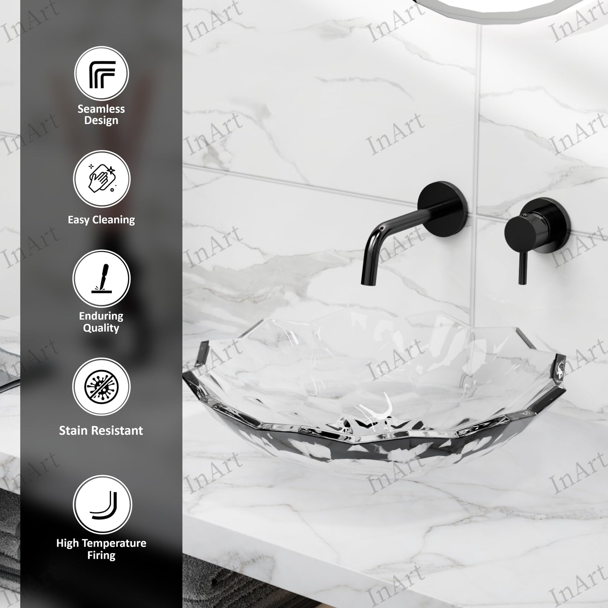 Glass bowl sink vanity top view, clear square vessel sink glass showing deep basin and reflective glossy finish