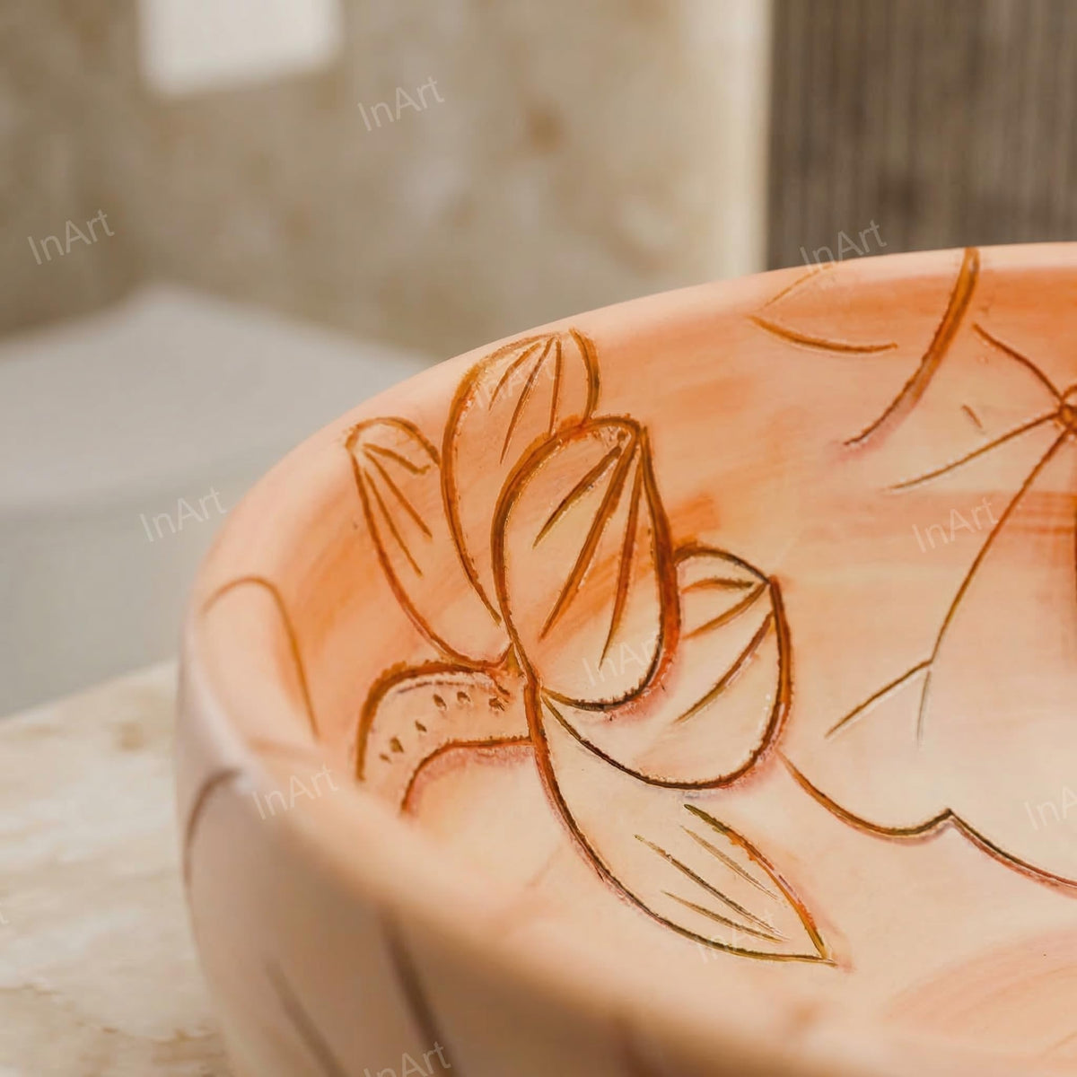InArt Vessel Sinks for Bathroom – 15.75" Ceramic Round, Peach Beige Floral Line Art, additional product view 5