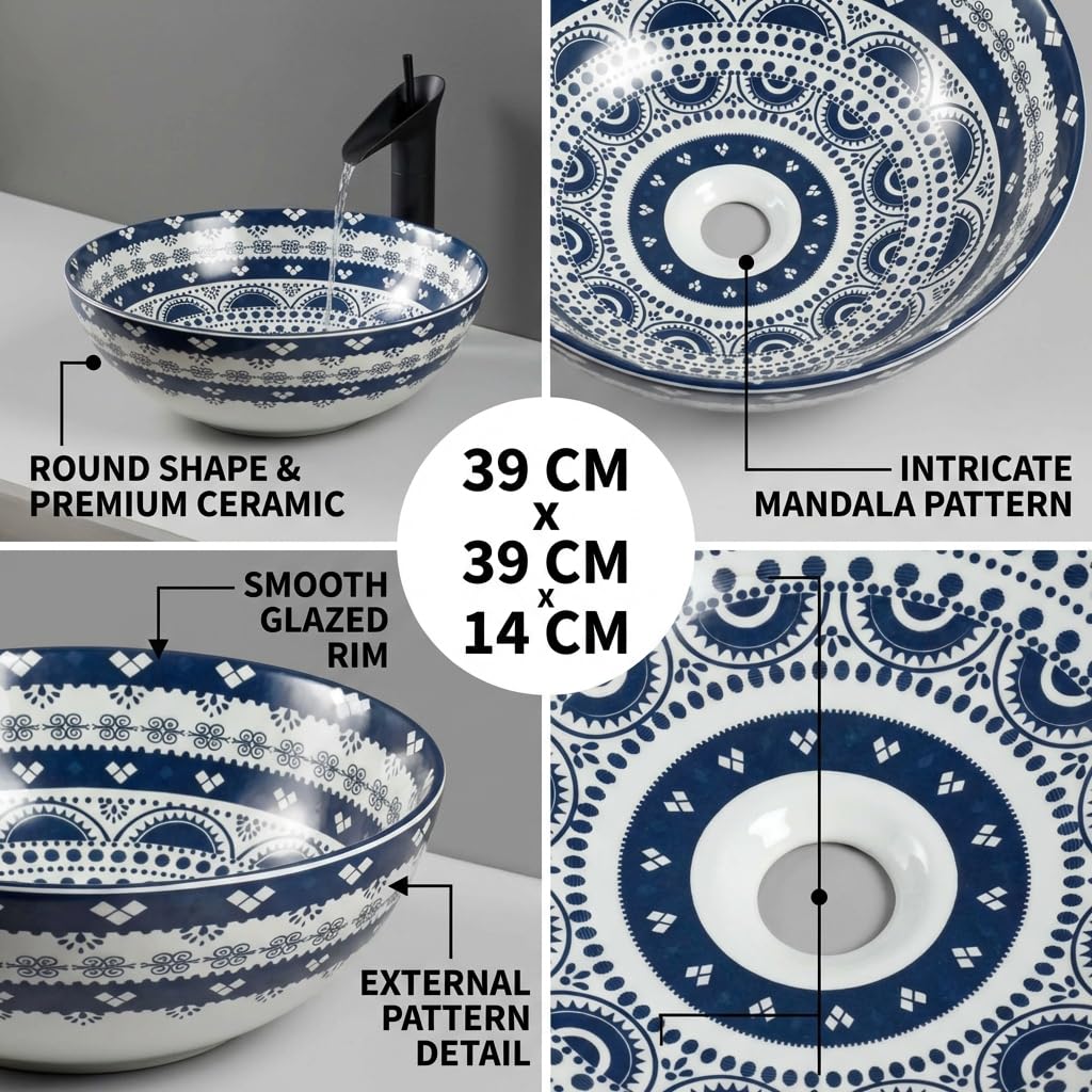 Round lavatory sinks view—InArt glossy blue ceramic round bathroom sink bowl, 39 x 39 x 14 cm