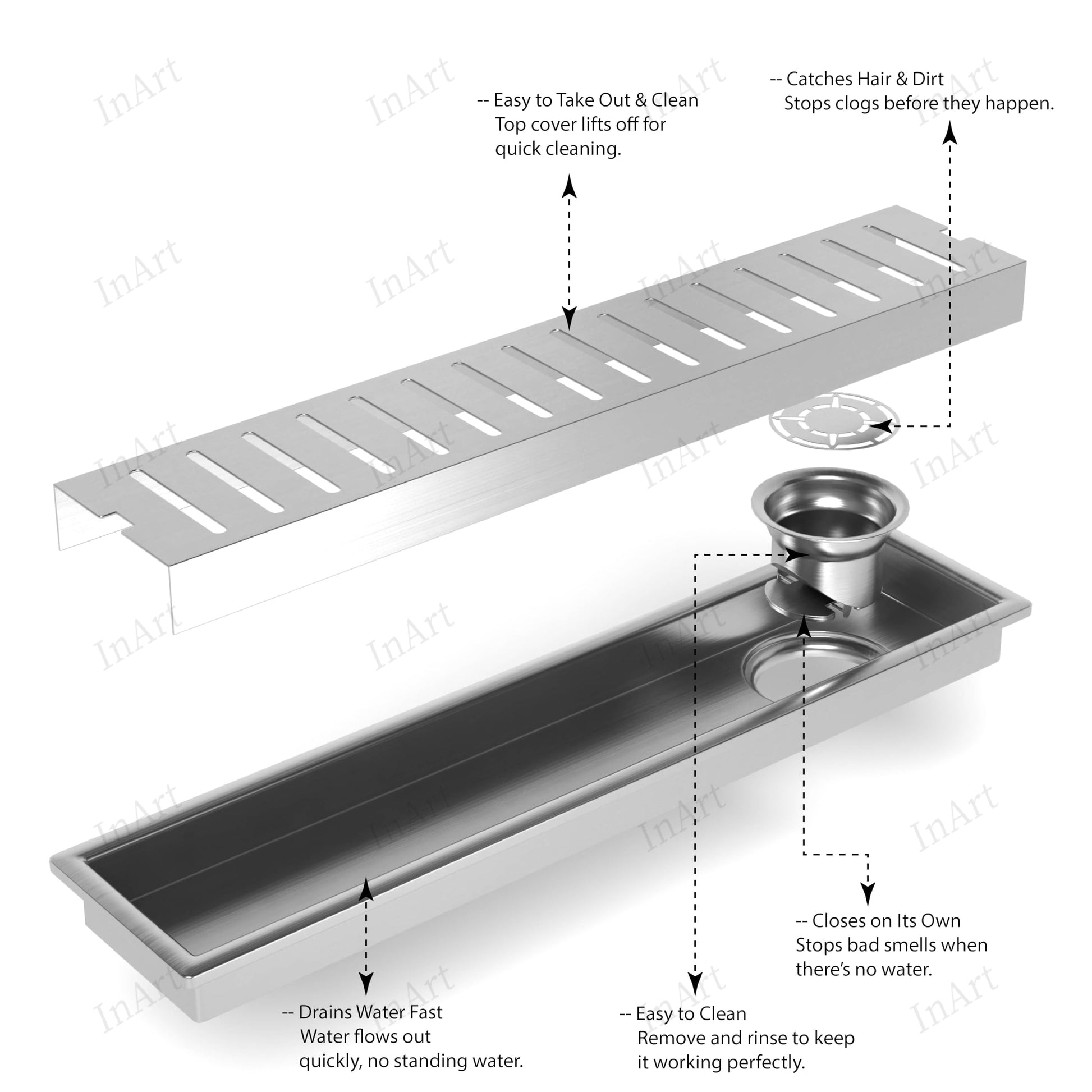 Linear shower drain side outlet connection, brushed 304 stainless steel floor drain