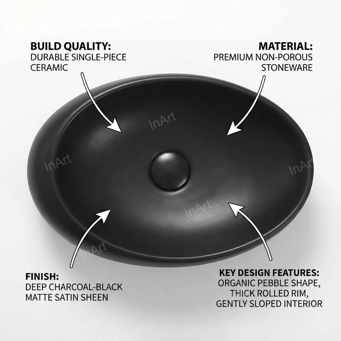 Modern sink InArt matte black rectangular ceramic vessel sink countertop wash basin 49x31cm