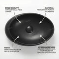 Over counter bathroom sink angled view, matte black rectangular ceramic vessel basin for vanity top