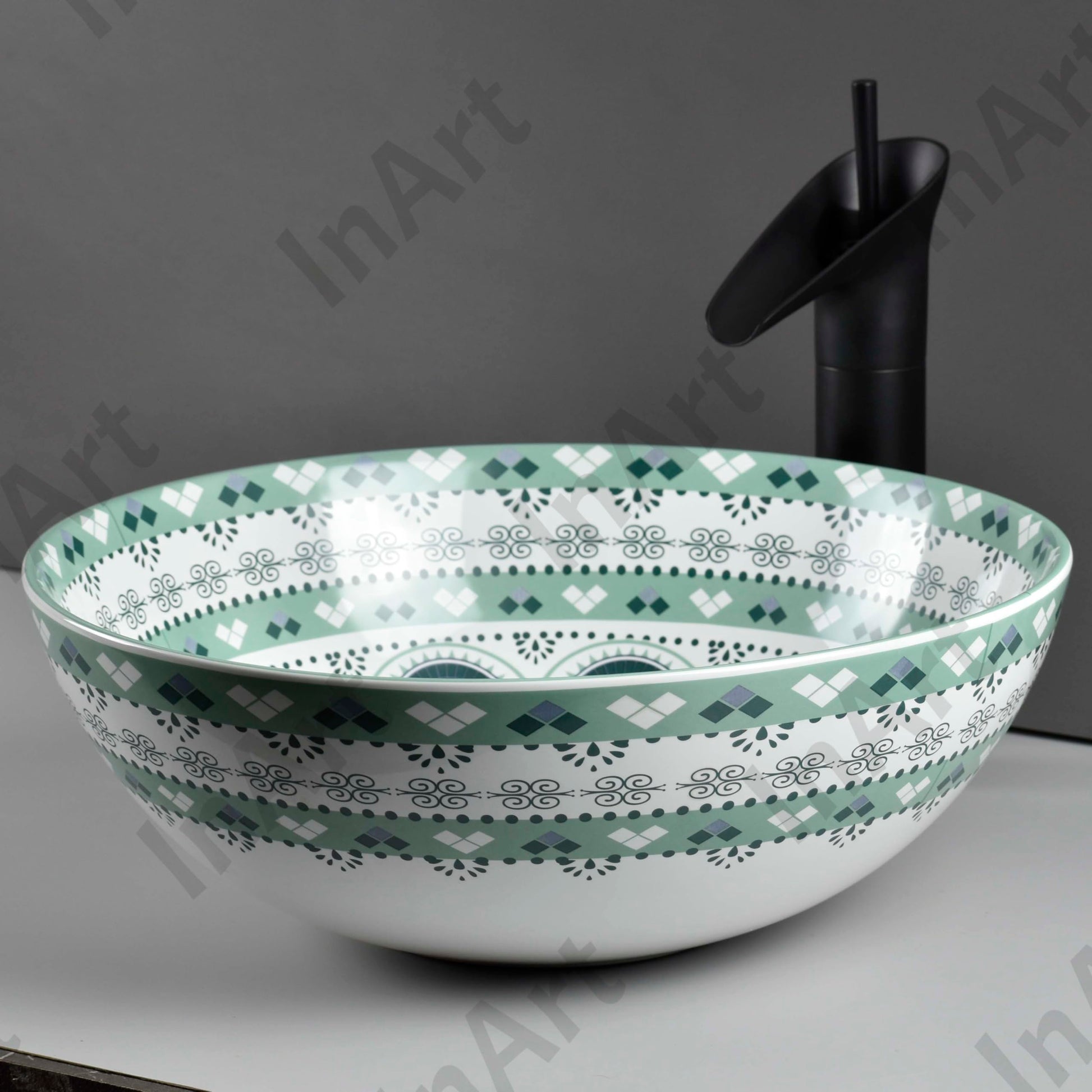 Modern vessel sink side angle, light blue round ceramic wash basin bowl for bathroom vanity