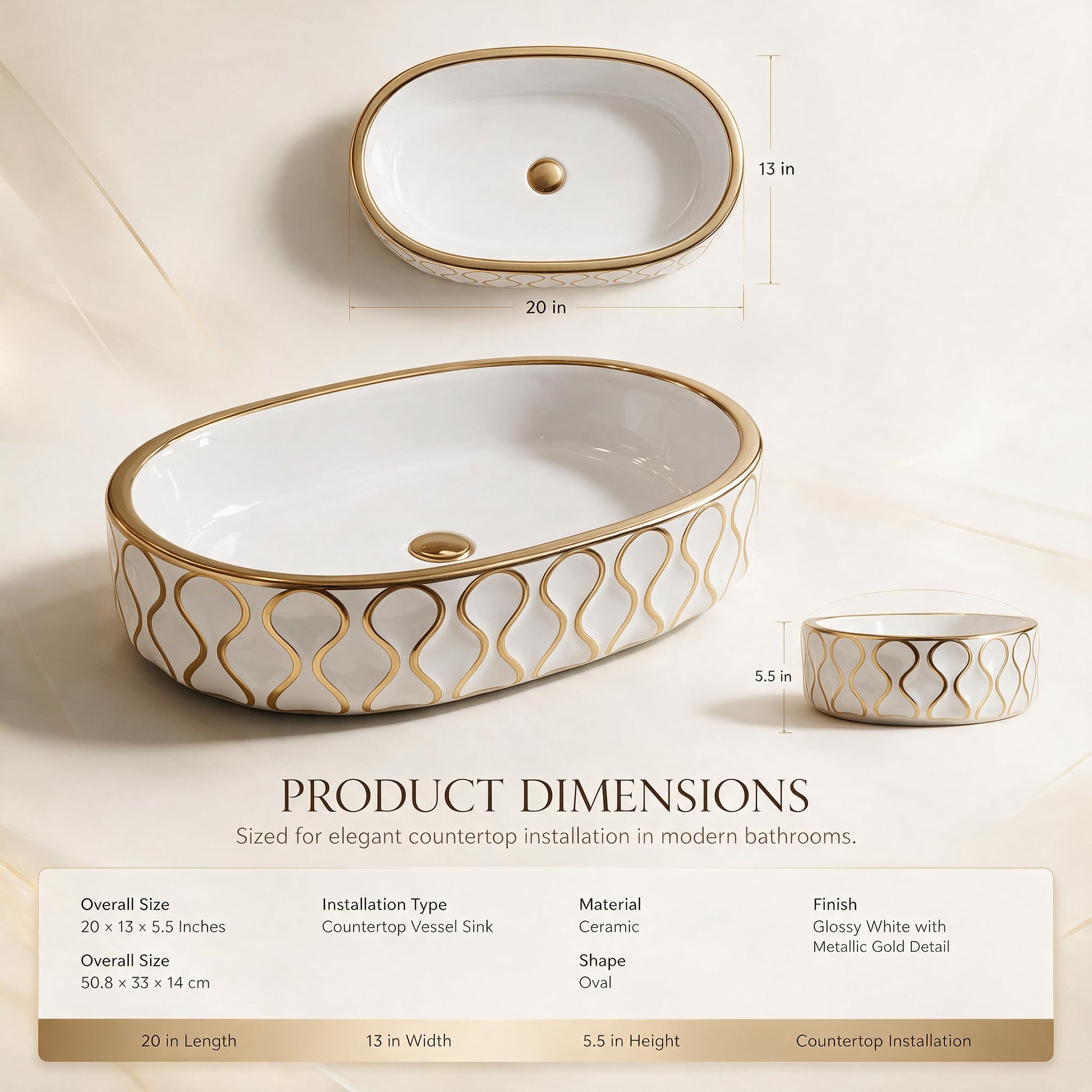 White and Gold Oval Ceramic vessel bathroom sink, additional product view 7