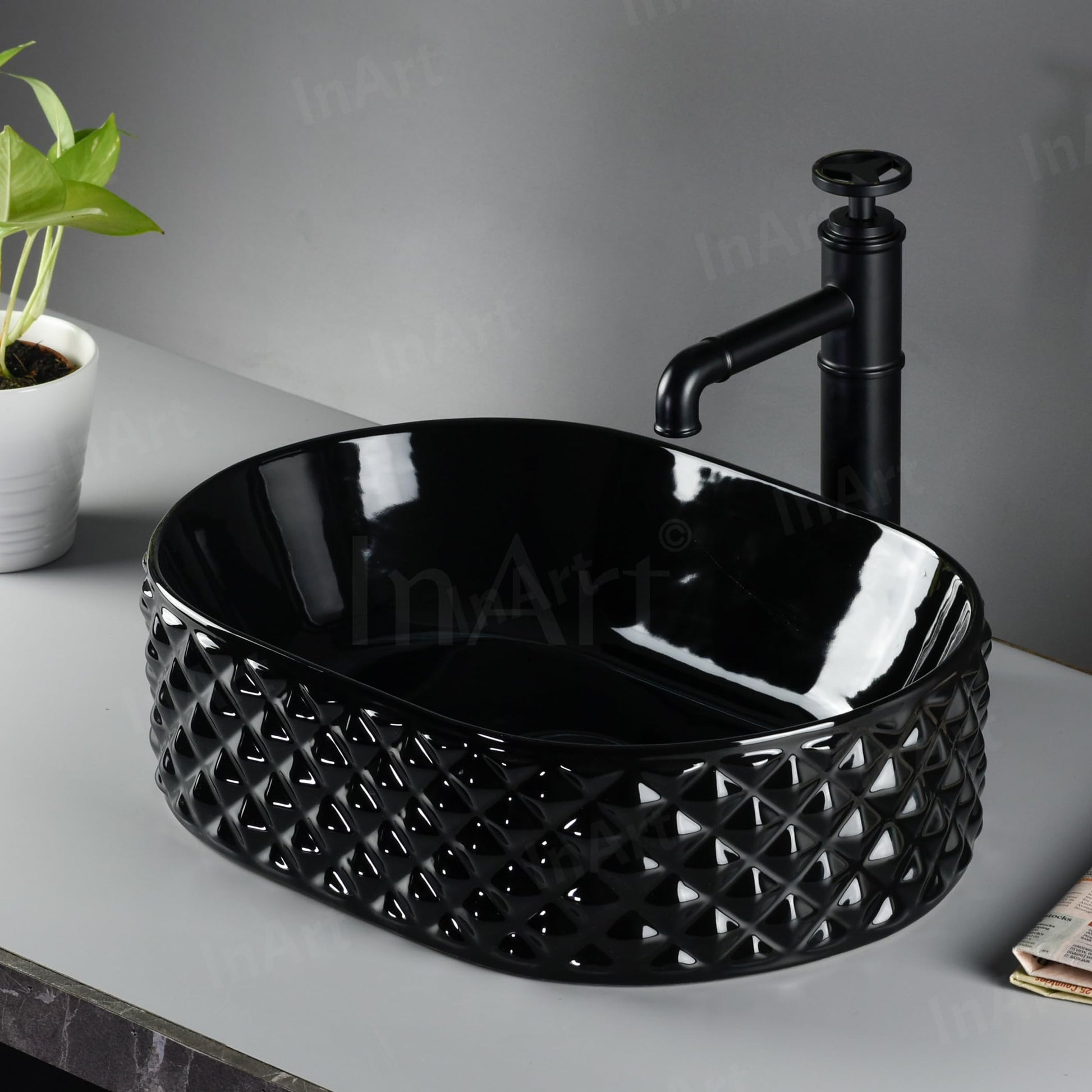 Jet Black Oval Ceramic vessel bathroom sink, additional product view 3