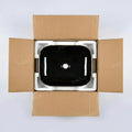 Modern bathroom vanity vessel sink look, rectangular ceramic basin in black gold on countertop with faucet
