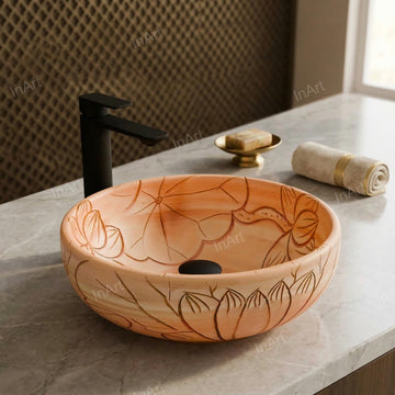 InArt Vessel Sinks for Bathroom – 15.75" Ceramic Round, Peach Beige Floral Line Art