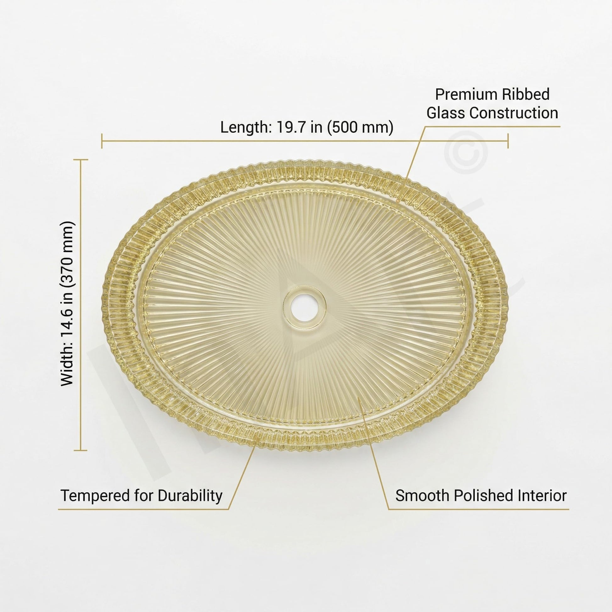 Close-up glossy gold finish on oval glass basin, easy-clean modern sink bowl for bathroom or living room