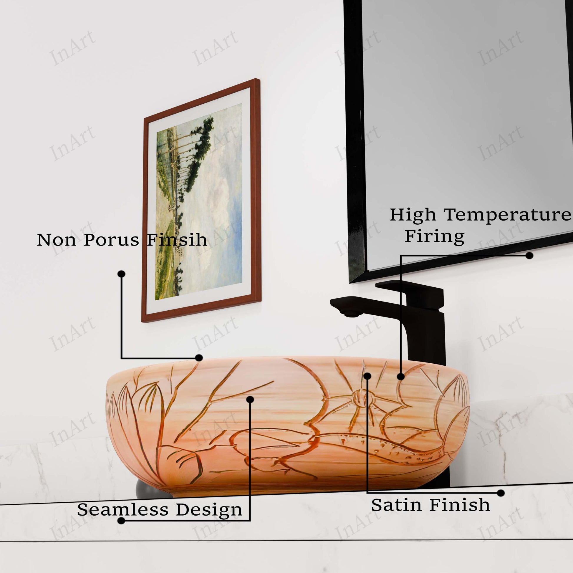 InArt Vessel Sinks for Bathroom – 15.75" Ceramic Round, Peach Beige Floral Line Art, additional product view 4
