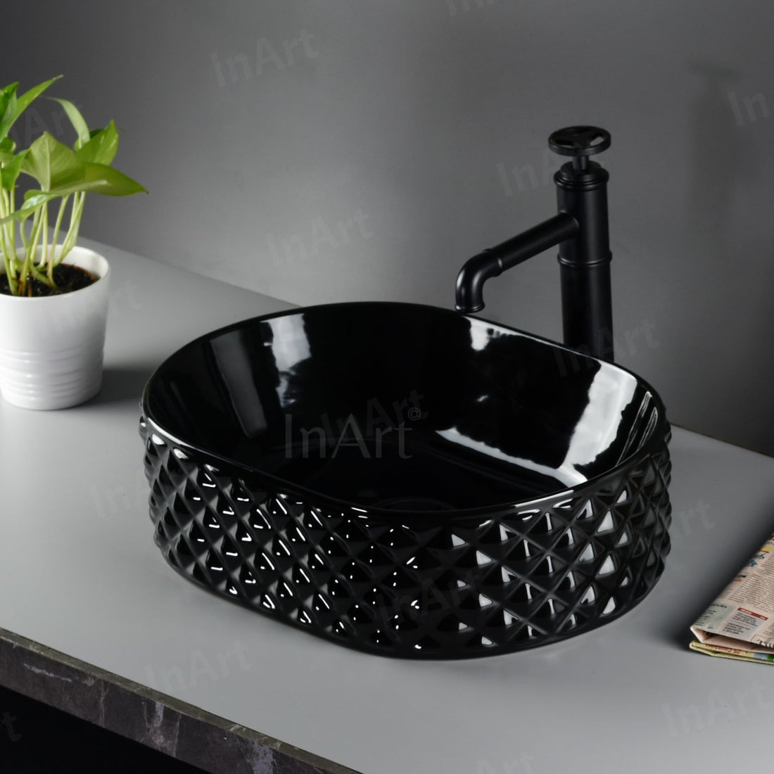 Jet Black Oval Ceramic vessel bathroom sink