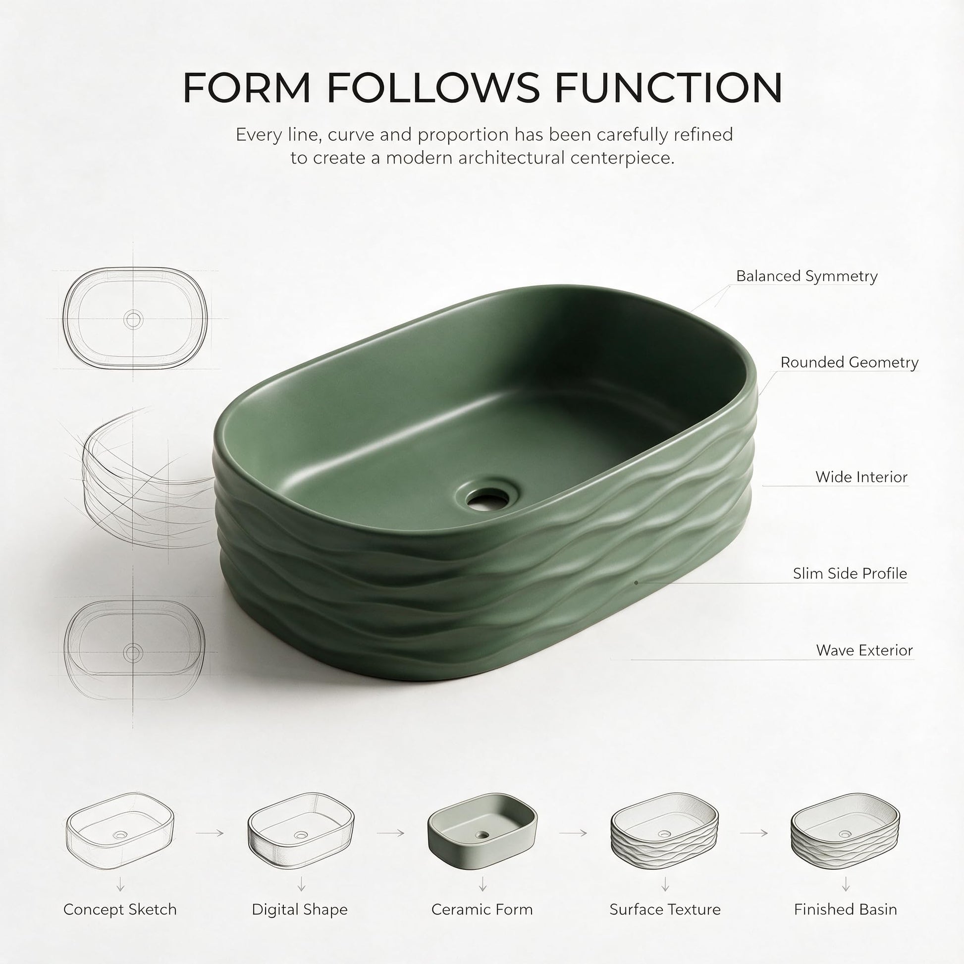 Sage Green Rounded Rectangular Ceramic vessel bathroom sink, additional product view 5