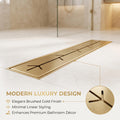 Removable branch-slot grate on the brushed gold linear shower drain