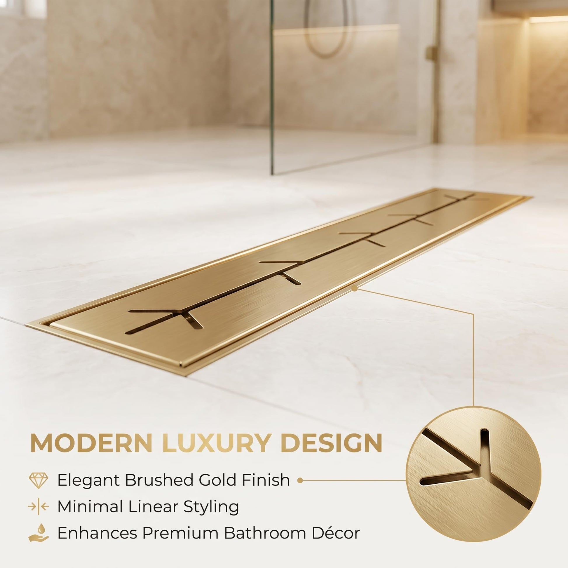 Removable branch-slot grate on the brushed gold linear shower drain