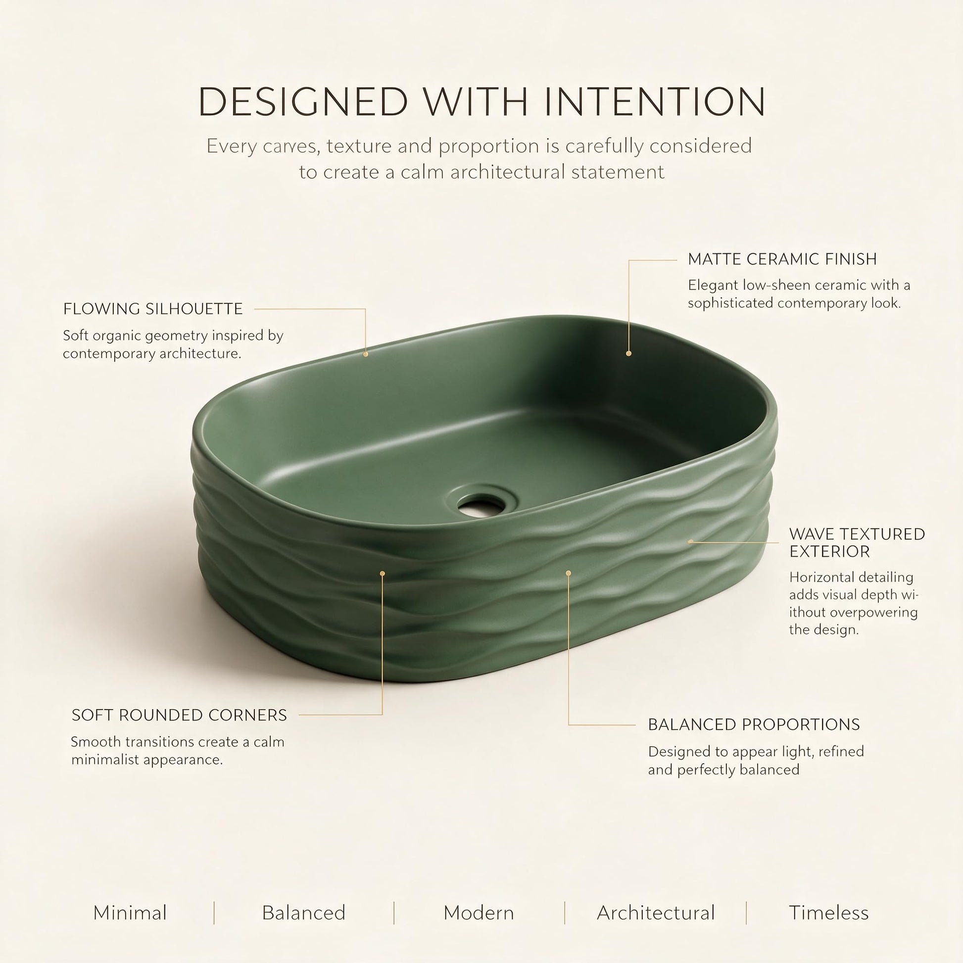 Sage Green Rounded Rectangular Ceramic vessel bathroom sink, additional product view 7