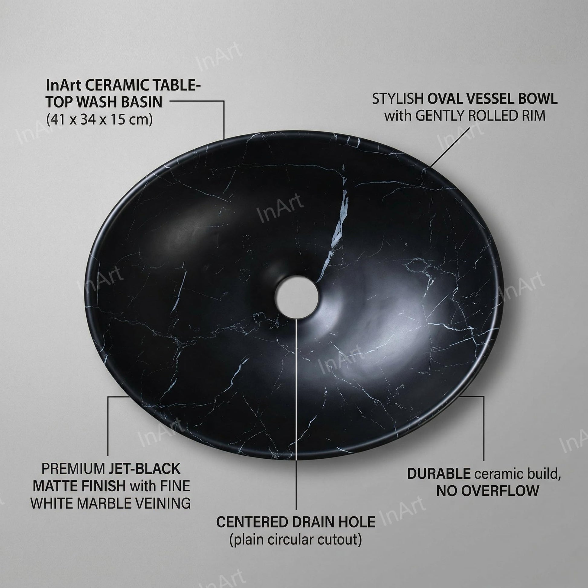 Black countertop vessel sink, rectangular ceramic matte black basin shown from front angle
