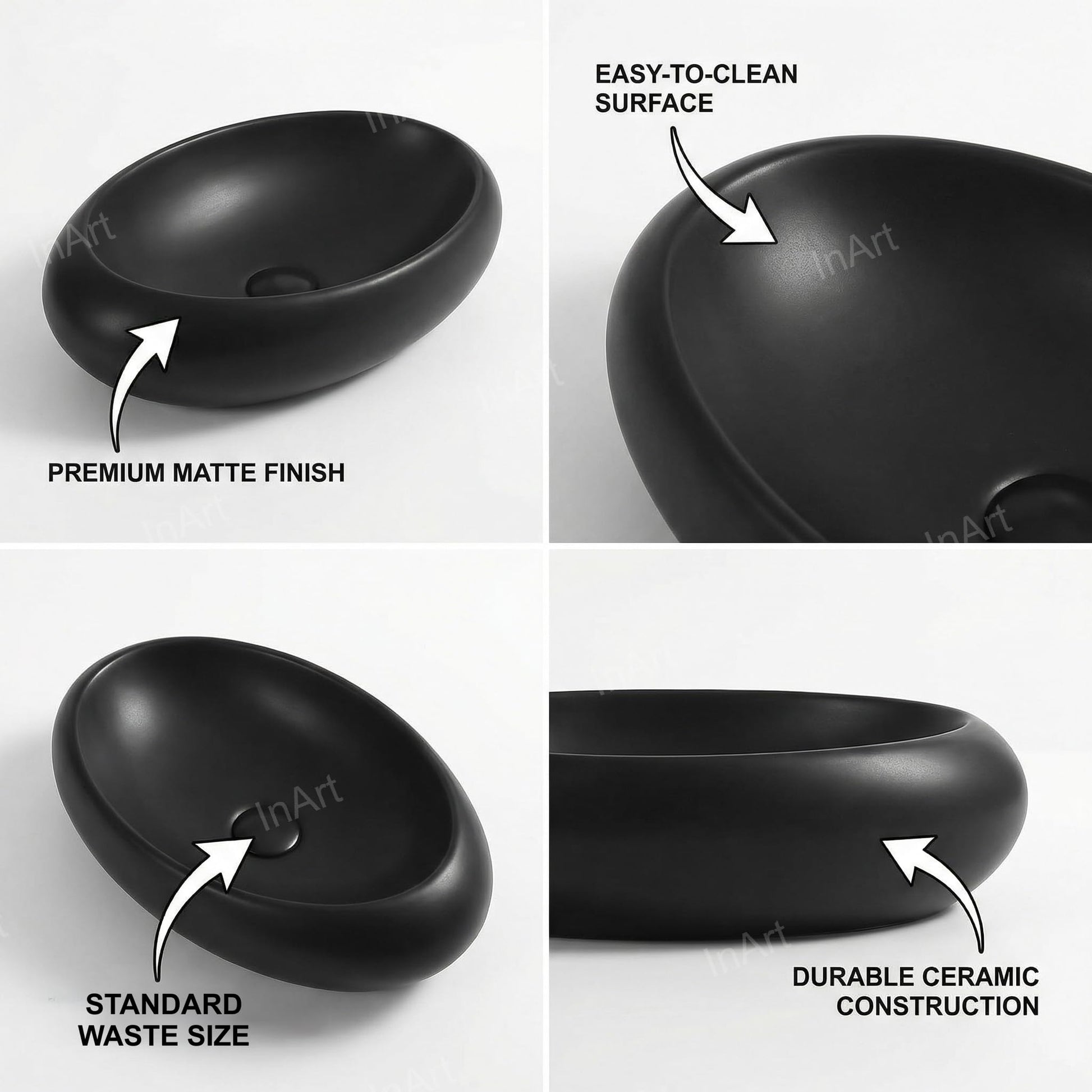 Bathroom sinks above counter side angle, InArt rectangular ceramic vessel sink in matte black finish