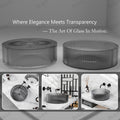 Bath bowl sink close-up of glossy black tempered glass rim and square basin corners