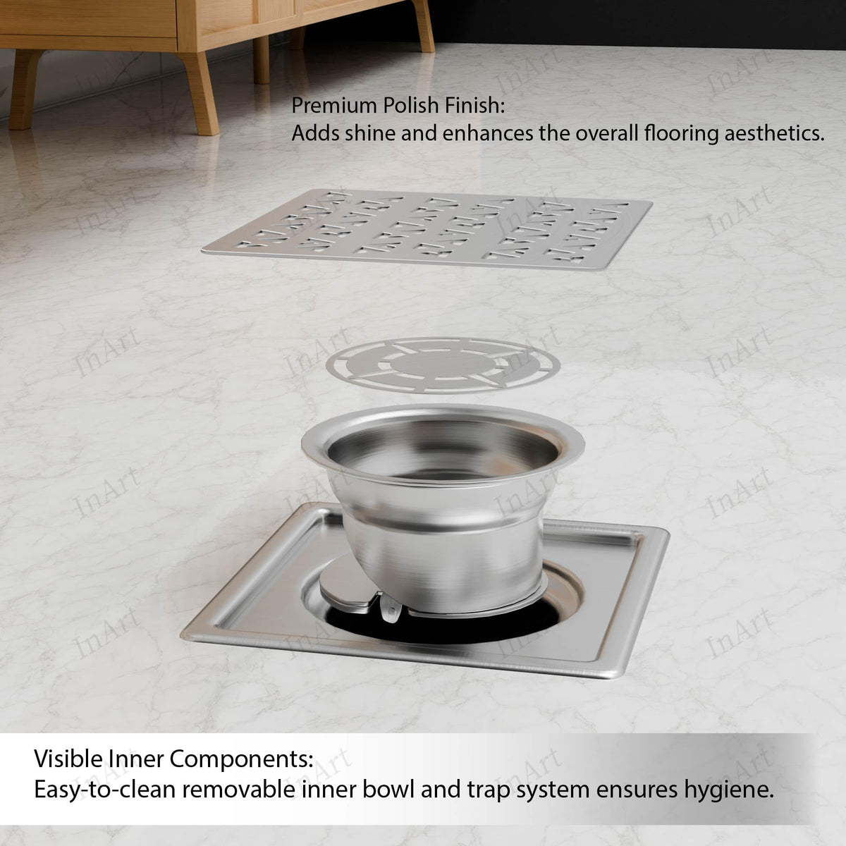 InArt 5 x 5 Inch Square Stainless Steel Shower Drain for Bathroom Floors, additional product view 8