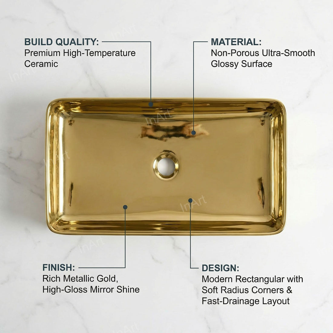 Gold Rectangular Ceramic vessel bathroom sink