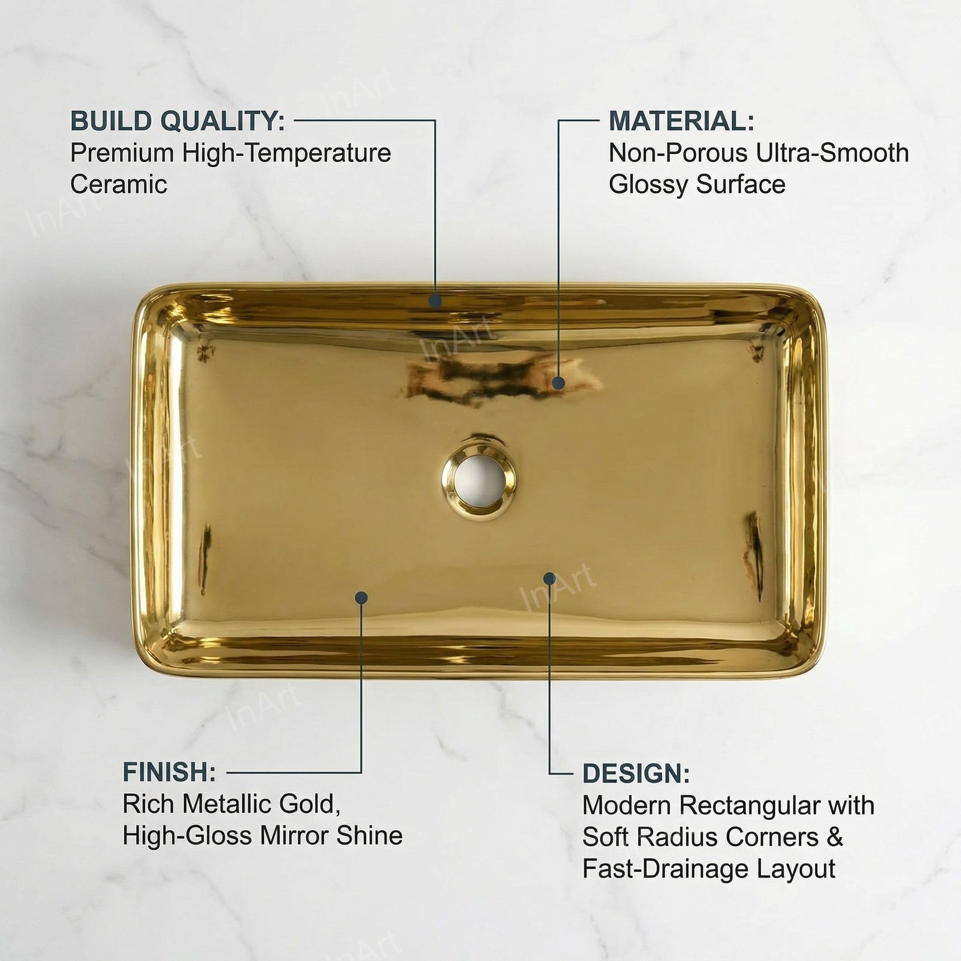 Gold Rectangular Ceramic vessel bathroom sink, additional product view 2